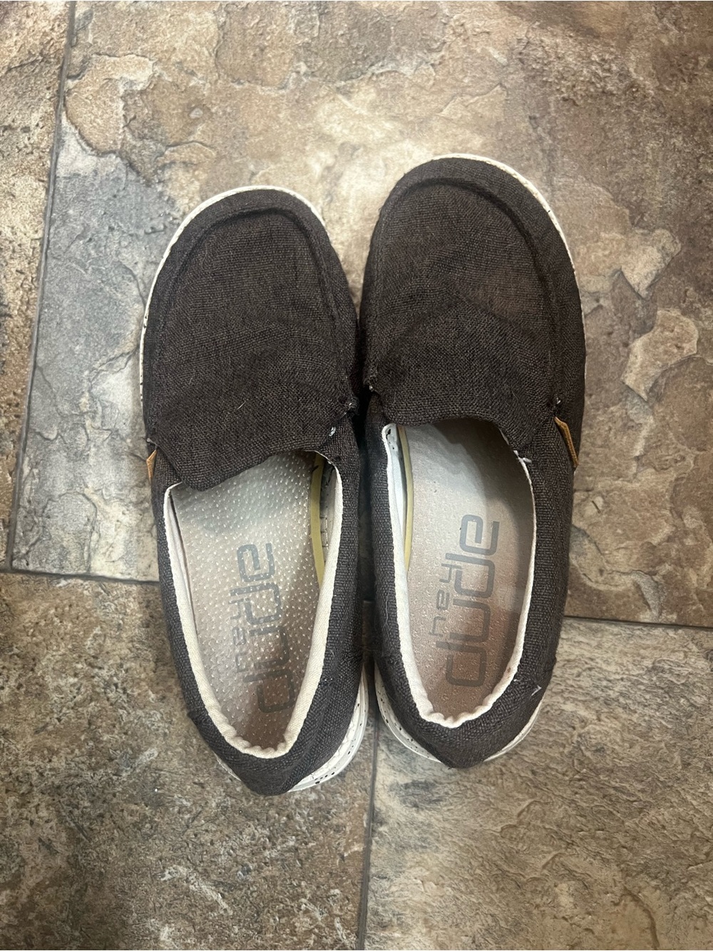 Hey Dude Dark Brown Canvas Slip-Ons with White Soles